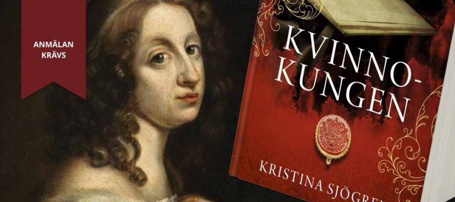Evenemangsbild collage med bokomslag och drottning Christina