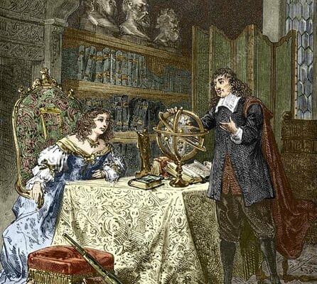 Målning Drottning Kristina och en man tittar på en jordglob