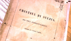 Ett bokomslag där det står: Cristina di Svezia. Dramma Storico-Lirico.
Diviso in cinque parti.